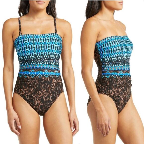 NWT Miraclesuit Untamed Avanti One Piece Bandeau Swimsuit in Brown/Multi Size 8L - Picture 4 of 12
